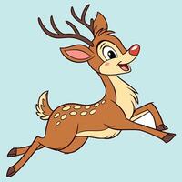 A happy cartoon reindeer with a red nose leaping with joy. vector