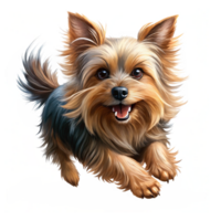 Yorkshire Terrier happily running with a bright expression in transparent background png