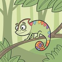 Rainbow Chameleon Cartoon Illustration Green Reptile in Rainforest. vector