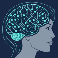 Female Profile with Circuit Brain Teal AI Concept Art. vector