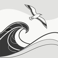 Seagull and Ocean Waves Grayscale Illustration Elegant Coastal Design. vector