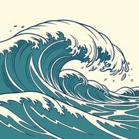 Ocean Waves Teal Ukiyo e Style Graphic High Resolution. vector