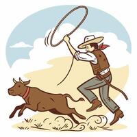 Cowboy Lassoing Calf Vintage Western Illustration Brown and Beige. vector