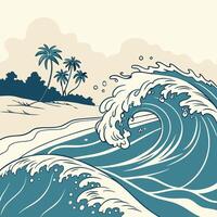 Ocean Wave Beach Scene Teal Illustration Palm Trees. vector