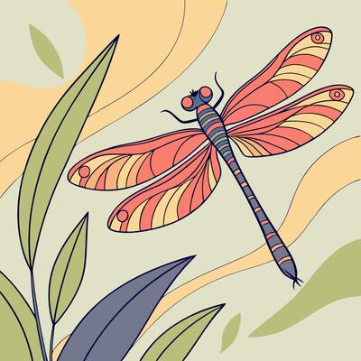 Intricate Coral and Yellow Dragonfly Illustration Nature Line Art.