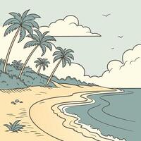 Serene Tropical Beach Palm Trees, Ocean Waves. vector