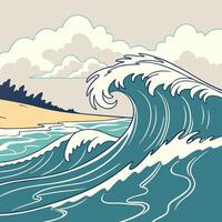 Dramatic Teal Ocean Wave Illustration Ukiyo e Style Beach Scene. vector