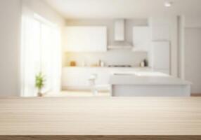 Empty table in kitchen with blurred background photo