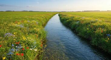 A river running through a field of flowers photo