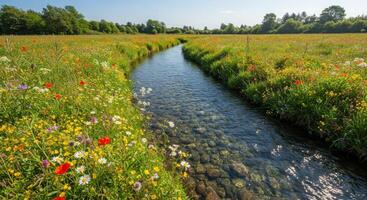 A stream runs through a field of wildflowers photo