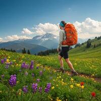 A woman with a backpack walking through a field of wildflowers photo