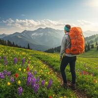 A woman with a backpack walking through a field of wildflowers photo