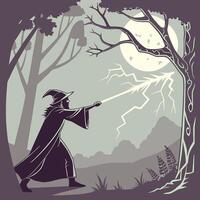 Wizard Casting Spell, Magical Lightning, Moonlit Forest. vector