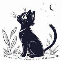 Black Kitten Moon Gazing Elegant Silhouette Illustration, Night Scene. vector