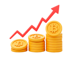 Stacks of bitcoin coins and rising red arrow showing increasing profits cut out. Cartoonish 3D render style png