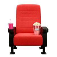 Front view of a Red cinema seat with popcorn and a soda cup cut out png