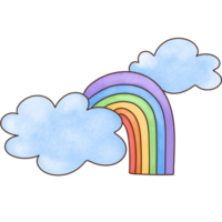 Fluffy clouds with a pastel-colored curved rainbow png