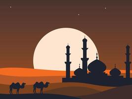 a silhouette of a mosque and camels in the desert vector