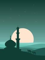 moon background with mosque and camels at night vector