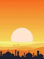 an illustration of a sunset with a mosque in the background vector