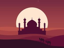 silhouette of a mosque with camels in the desert at sunset vector