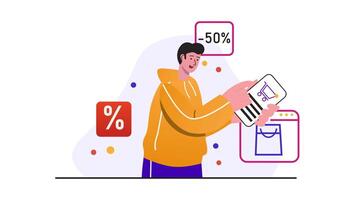usando desconto em conectados compras 2d movimento gráficos animação video