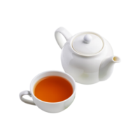 White ceramic teapot and cup of tea on transparent background png