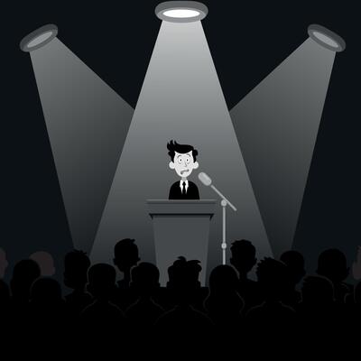 Guy behind podium for public speaking in spotlight in front of audience, fear of public speaking, flat style, black and white picture