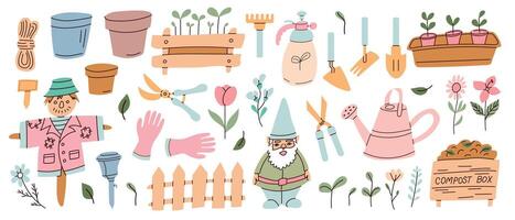 Gardening tools and whimsical characters arranged in a colorful outdoor setting for spring planting fun vector