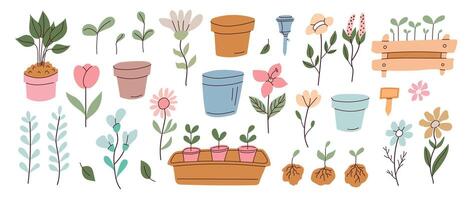 Colorful arrangement of gardening elements featuring flowers, plants, and pots in a simple and charming design vector