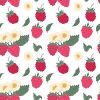 Colorful pattern of strawberries, raspberries, flowers, and leaves on a white background creating a vibrant and fresh design vector