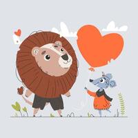 A lion and a mouse holding a heart shaped balloon vector