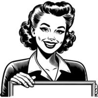 Retro Style Woman Holding Empty Board Minimalist Line Art Drawing vector