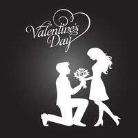 Happy Valentines Day concept with white silhouette of a couple in love with stylish calligraphy text and heart shape on grey background vector
