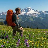 A man with a backpack and a backpack is standing in a field with flowers photo