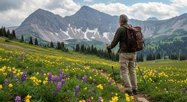 A man with a backpack and hiking poles stands in a meadow with wildflowers photo