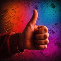 A hand with a thumbs up sign in front of a colorful background photo