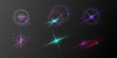 Set of star shine flash lights with lens flares, circular halos. on transparent background. Glint and glare optical lighting effect. Luminous starbursts with radiant beams. Sparkle overlays, magic vector
