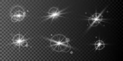 Set of bright glints with lens flares, circular halos. on transparent background. Glint and glare optical lighting effect. Luminous starbursts with radiant beams. Sparkle overlays, magic flash vector