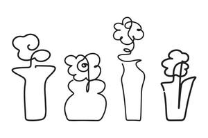 Different abstract vase with flower hand drawn continuous line for art and illustration vector