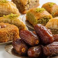 Various types of dates and pastries on white background photo