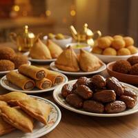 A table with many plates of food photo