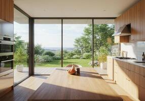A kitchen with a table and a view of the outside photo