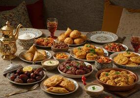 A table with many plates of food photo