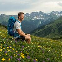 A man with a backpack sitting on a hillside photo