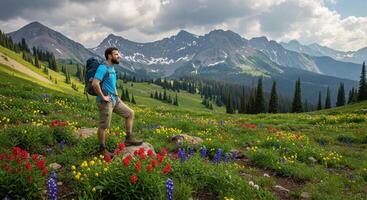 A man with a backpack standing in a field of wildflowers photo