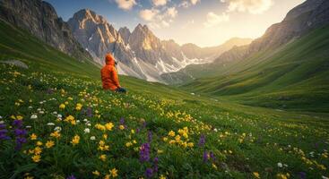 A person in an orange jacket sitting on a hill with flowers photo