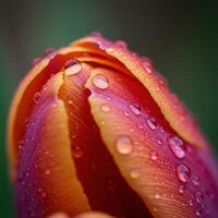 A close up of a red and orange tulip with water droplets photo