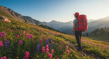 A woman with a backpack standing in a field of wildflowers photo