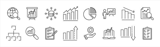 set of data analysis thin line icon. containing chart, database, statistic, monitoring, graph, search, big data analysis icon collections vector